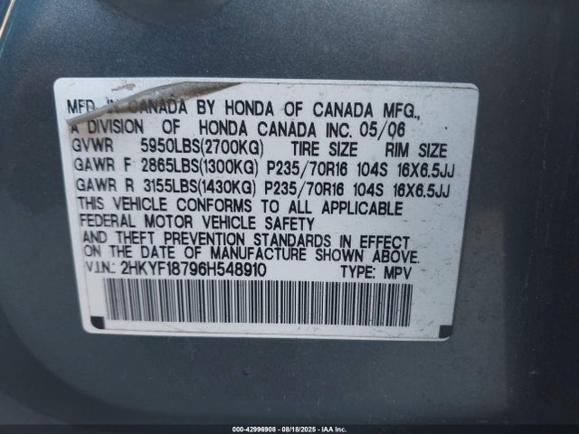 2006 HONDA PILOT 2HKYF18796H548910 Photo 8