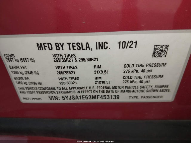 2021 TESLA MODEL S 5YJSA1E63MF453139 Photo 8