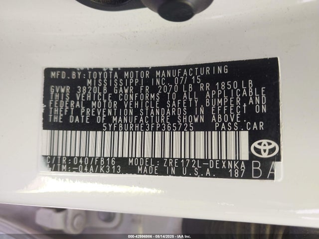 5YFBURHE3FP365725 Toyota 2zr-fe