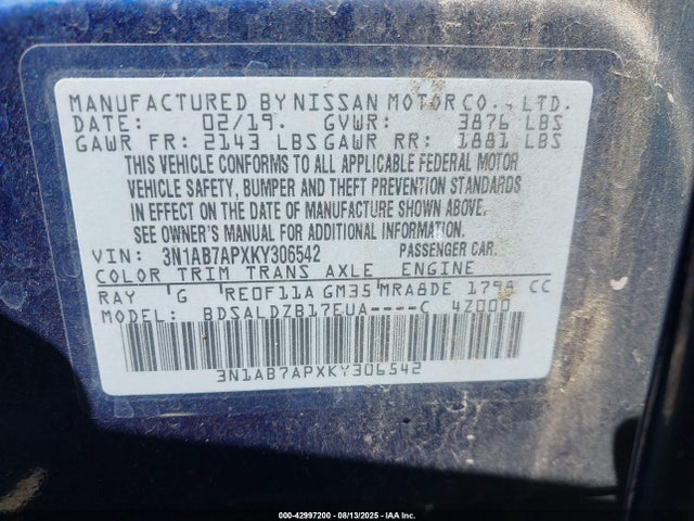 3N1AB7APXKY306542 Nissan 2019