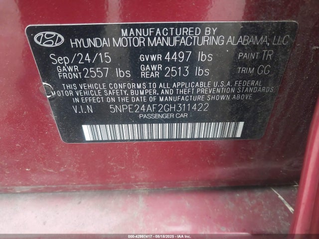5NPE24AF2GH311422 Hyundai dohc gdi theta-ii