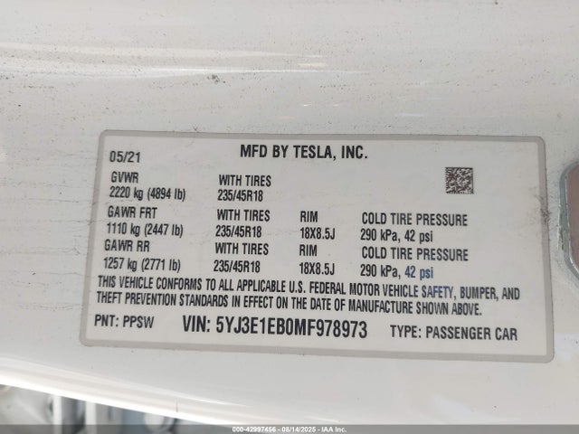 2021 TESLA MODEL 3 5YJ3E1EB0MF978973 Photo 8