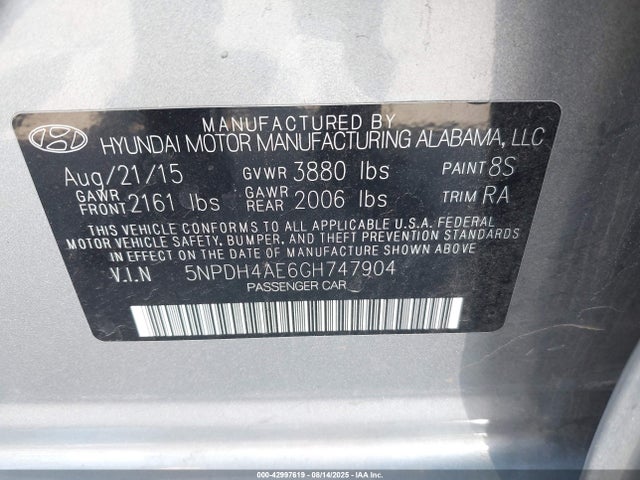 Hyundai dohc mpi nu 2016 5NPDH4AE6GH747904 Image 9