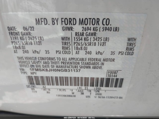 Ford ecoboost 2022 1FMSK8JH0NGB31137 Image 9