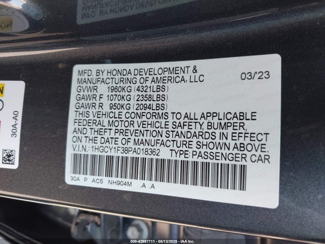 1HGCY1F38PA018362 Honda l15be