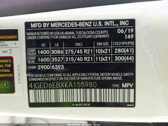 Mercedes-Benz m276 2019 4JGED6EBXKA155980 Image 9