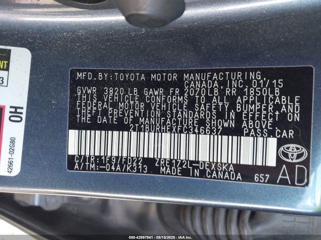 Продажа на аукционе авто 2015 Toyota Corolla L/le/le Pls/prm/s/s Pls, vin: 2T1BURHEXFC346637, номер лота: 42997941