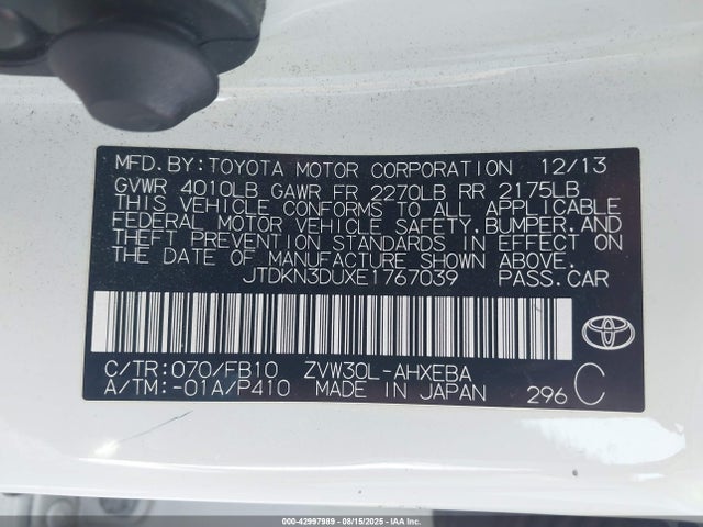 Toyota 2zr-fxe+3jm 2014 JTDKN3DUXE1767039 Image 9