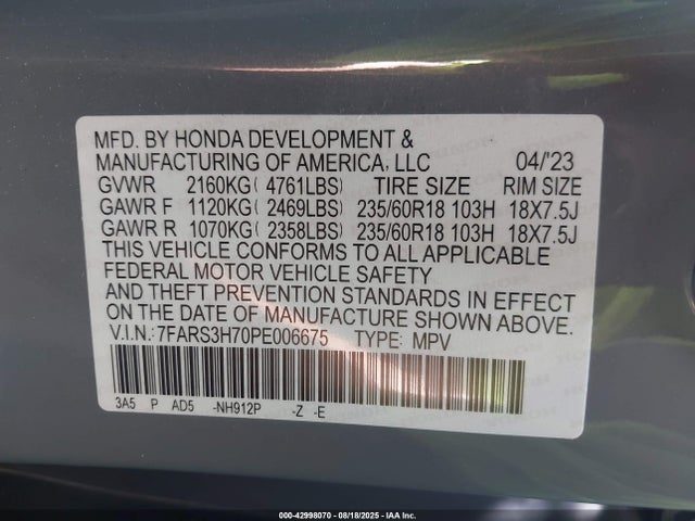 7FARS3H70PE006675 Honda l15be