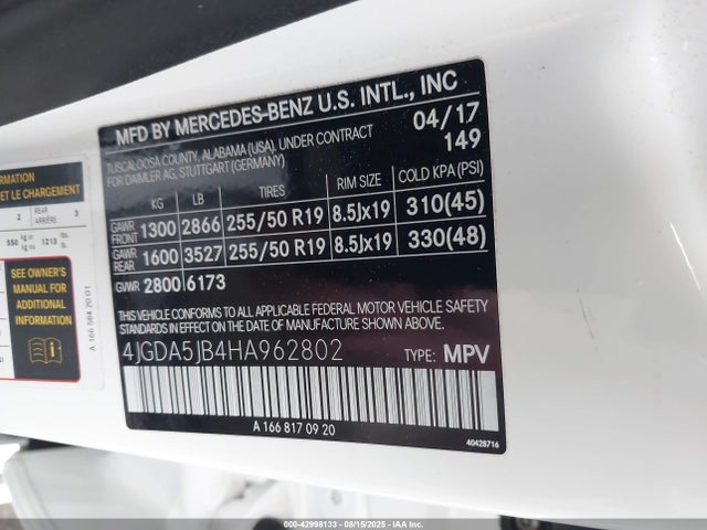 Mercedes-Benz m276 2017 4JGDA5JB4HA962802 Image 9