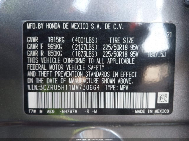 3CZRU5H11MM730664 Honda r18z9