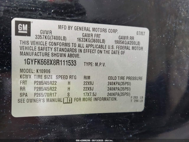 2008 CADILLAC ESCALADE ESV 1GYFK668X8R111533 Photo 8
