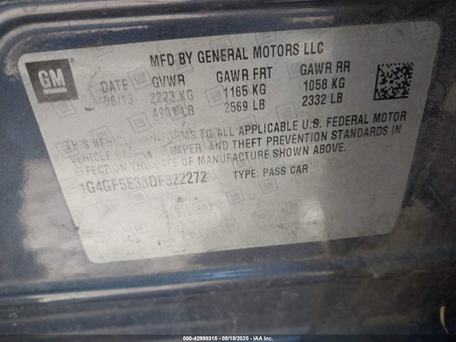 Auction sale of the 2013 Buick Lacrosse Premium 1 Group, vin: 1G4GF5E33DF322272, lot number: 42998315