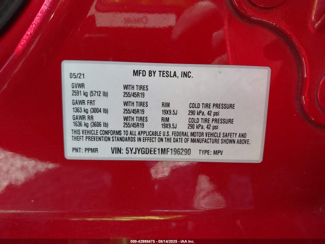 5YJYGDEE1MF196290 Tesla Model Y