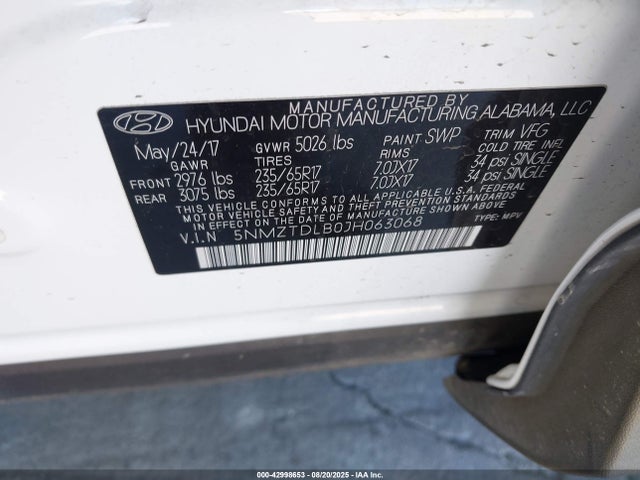 5NMZTDLB0JH063068 Hyundai gdi theta ii