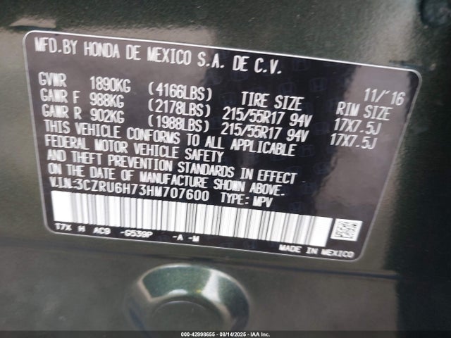 Honda r18z9 2017 3CZRU6H73HM707600 Image 9