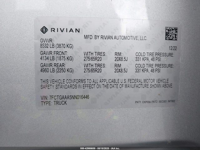 Rivian r1t 2022 7FCTGAAA5NN016446 Image 9