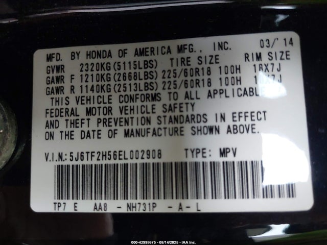 Honda j35y1 2014 5J6TF2H56EL002908 Image 9