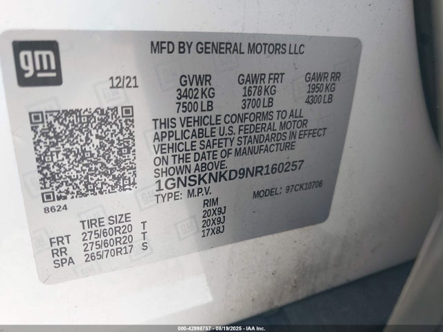 1GNSKNKD9NR160257 Chevrolet l84 - di, dfm, alum, gen 5, var 2