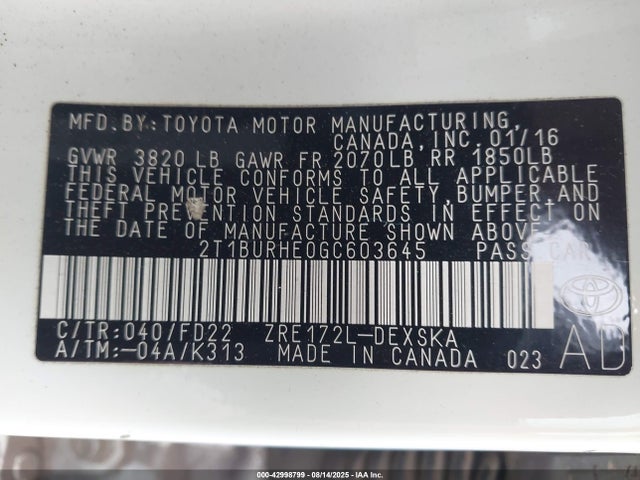 2016 Toyota Corolla S Plus მანქანა იყიდება აუქციონზე, vin: 2T1BURHE0GC603645, აუქციონის ნომერი: 42998799