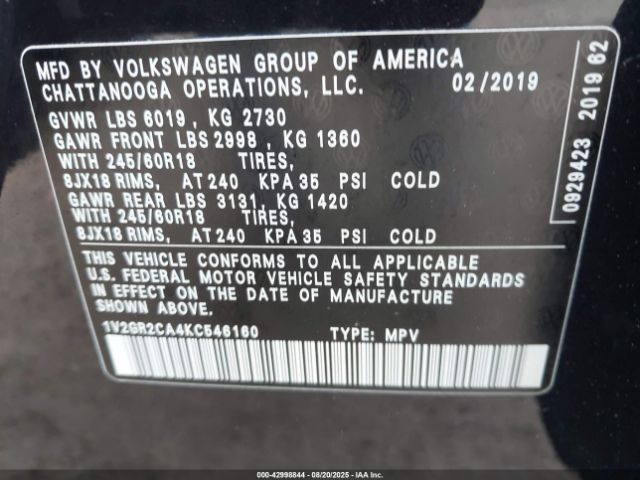 2019 VOLKSWAGEN ATLAS 1V2GR2CA4KC546160 Photo 8