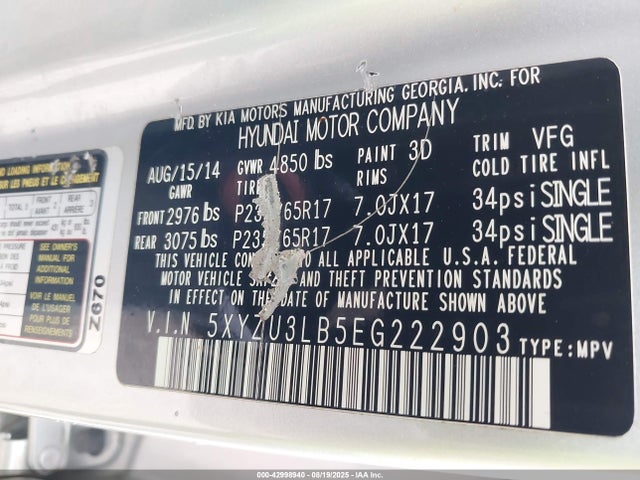 5XYZU3LB5EG222903 Hyundai gdi theta