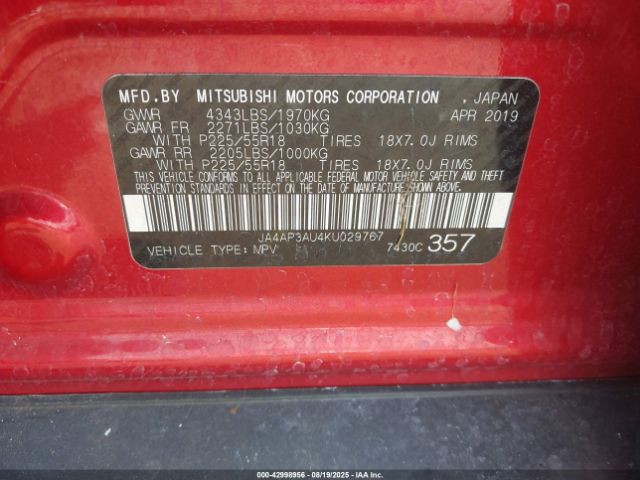 2019 MITSUBISHI OUTLANDER SPORT JA4AP3AU4KU029767 Photo 8