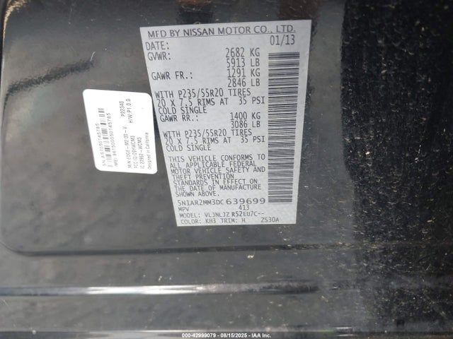 Продажа на аукционе авто 2013 Nissan Pathfinder Platinum, vin: 5N1AR2MM3DC639699, номер лота: 42999079