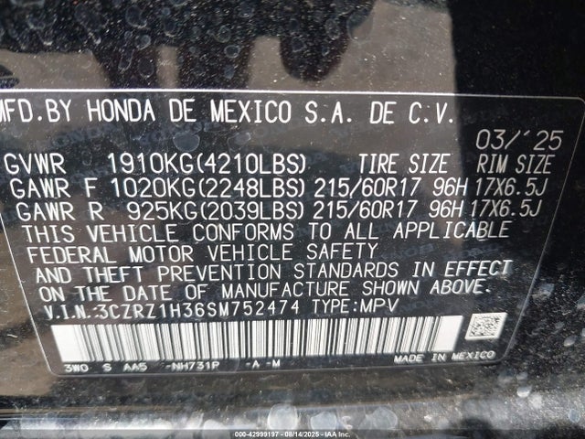 3CZRZ1H36SM752474 Honda Hr-v 2wd Lx