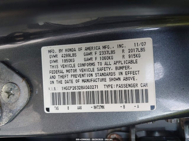 Aukcja sprzedaży 2008 Honda Accord 2.4 Lx, vin: 1HGCP26328A040271, numer aukcji: 42999363