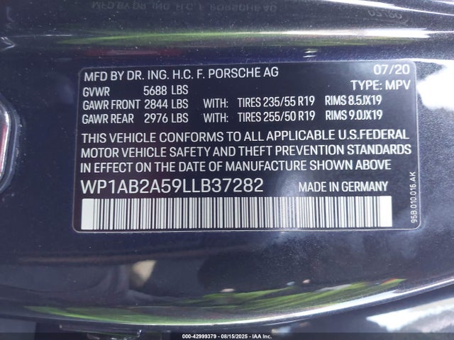 Porsche 2020 2020 WP1AB2A59LLB37282 Image 9