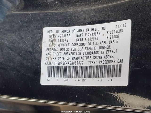 1HGCR2F4XGA066022 Honda k24w1