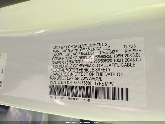 5FNYG1H97SB136850 Honda j35y8