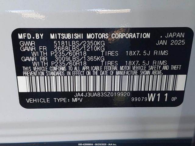 2025 MITSUBISHI OUTLANDER JA4J3UA83SZ019920 Photo 8