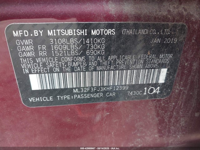 Mitsubishi MIRAGE G4 2019 ML32F3FJ3KHF12399 Image 9