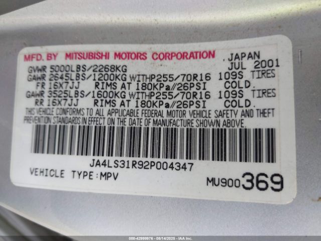2002 MITSUBISHI MONTERO SPORT JA4LS31R92P004347 Photo 8
