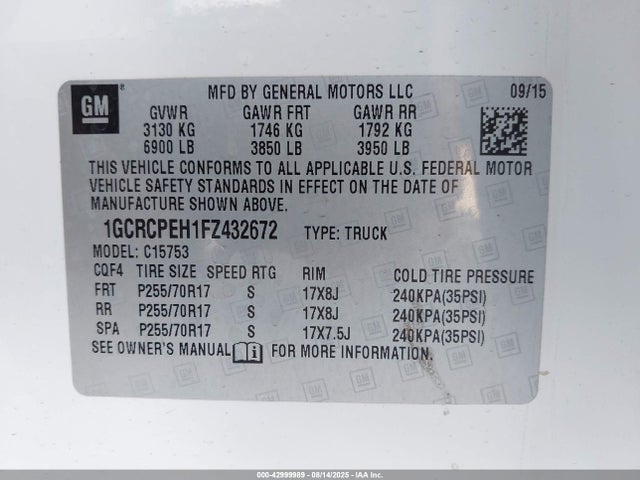 1GCRCPEH1FZ432672 Chevrolet lv3 - vvt, aluminum, e85 max