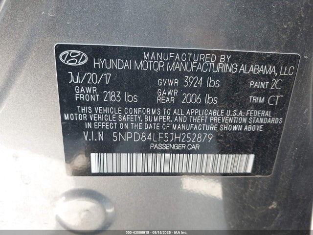 5NPD84LF5JH252879 Hyundai mpi nu