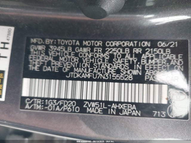 JTDKAMFU7N3155528 Toyota 2zr-fxe,1nm