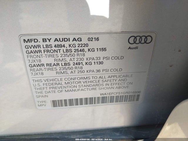 2016 AUDI Q3 WA1EFCFS1GR016996 Photo 8