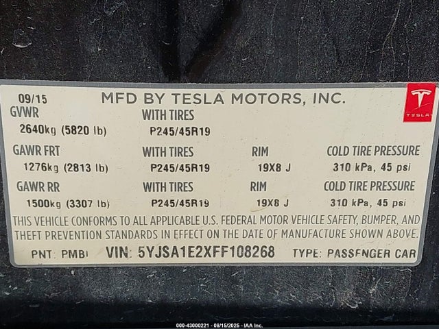 2015 TESLA MODEL S 5YJSA1E2XFF108268 Photo 8