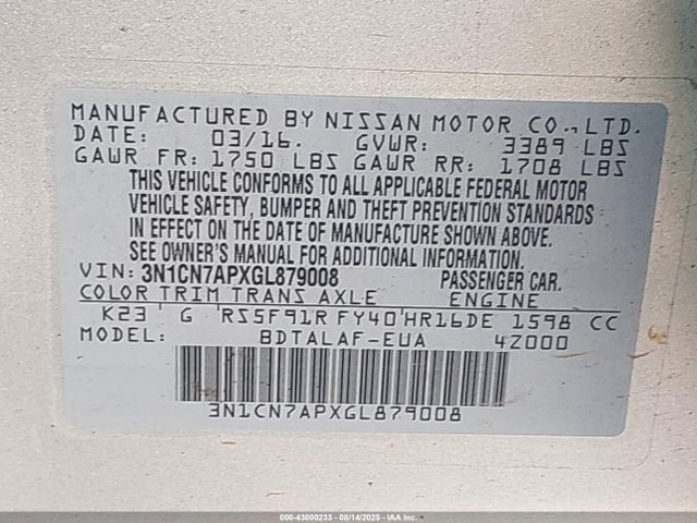 3N1CN7APXGL879008 Nissan 2016