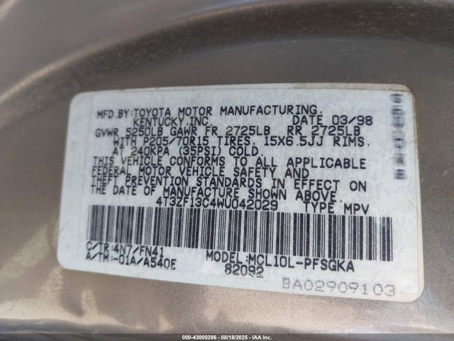 Aukcja sprzedaży 1999 Toyota Sienna Xle, vin: 4T3ZF13C5XU107312, numer aukcji: 43000286