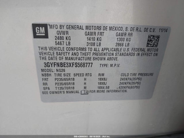 2015 CADILLAC SRX 3GYFNBE3XFS568777 Photo 8
