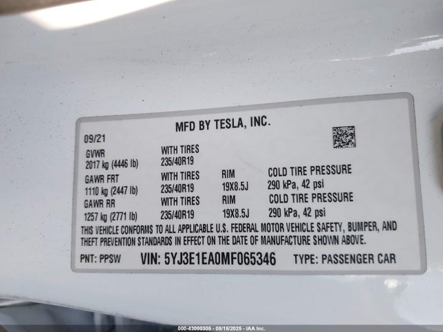 2021 TESLA MODEL 3 5YJ3E1EA0MF065346 Photo 8