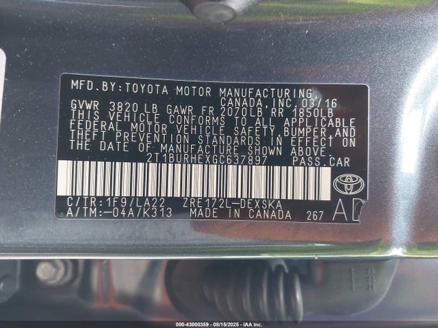 Toyota 2zr-fe 2016 2T1BURHEXGC637897 Image 9