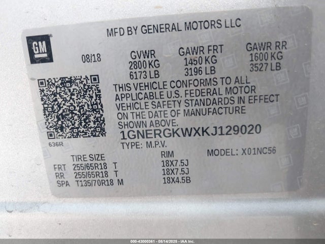 1GNERGKWXKJ129020 Chevrolet lfy - spark ignited direct injection, atss, gen 1