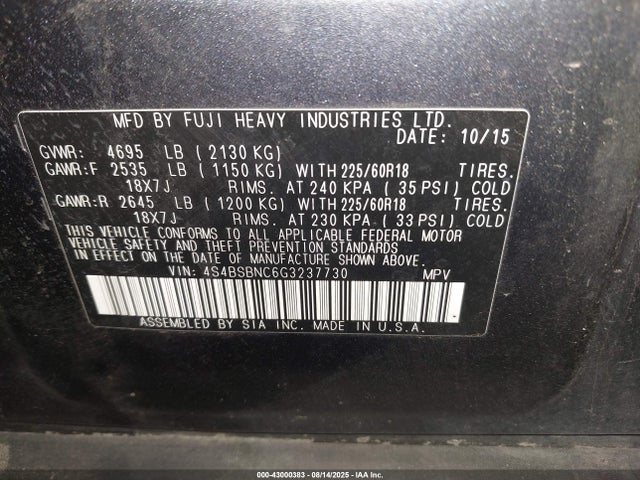 4S4BSBNC6G3237730 Subaru 2.5l u6