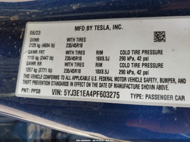 Aukcja sprzedaży 2023 Tesla Model 3 Rear-wheel Drive, vin: 5YJ3E1EA4PF603275, numer aukcji: 43000400