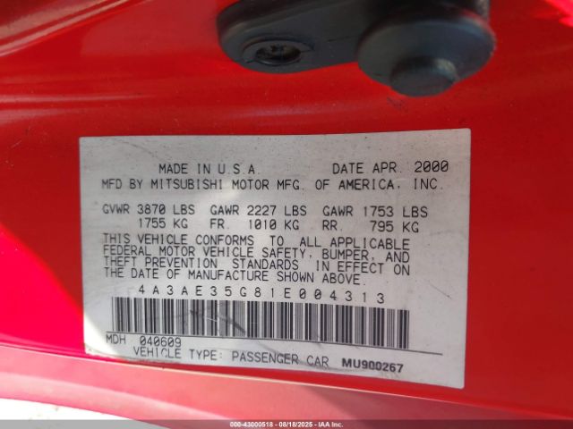 2001 MITSUBISHI ECLIPSE SPYDER 4A3AE35G81E004313 Photo 8